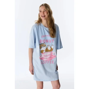 Açık Mavi Lic Mofusand Pamuklu Gecelik