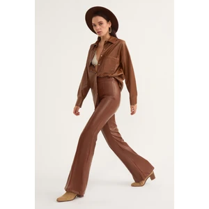 İspanyol paça deri pantolon - Kahve