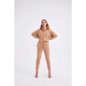 Yüksek Bel Deri Pantolon - Bej