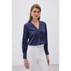 V Yaka Saten Bluz - Lacivert
