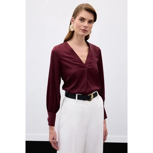 V Yaka Saten Bluz - Bordo