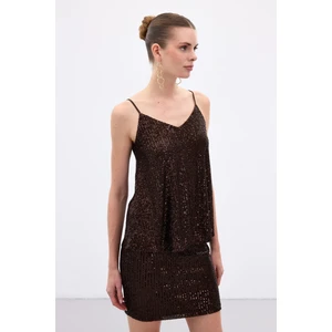 Payet Detaylı Askılı Bluz - Kahve