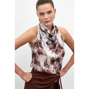 Drapeli Halter Yaka Desenli Bluz - Kahve