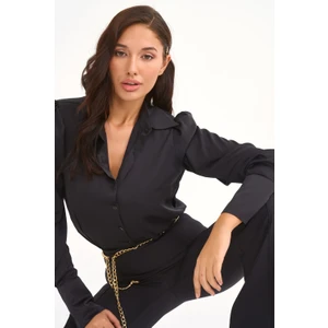 Vatkalı Saten Gömlek - Siyah