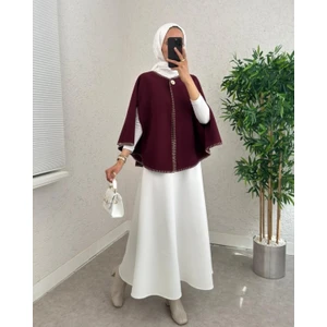Moda Morfo Çoban Dikişli Cepli Kaşe Panço -Mürdüm