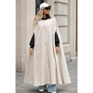 Kadın Düğmeli Premium Comfort Krem Kaşe Panço