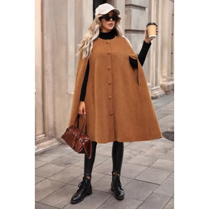 Kadın Düğmeli Premium Comfort Taba Kaşe Panço