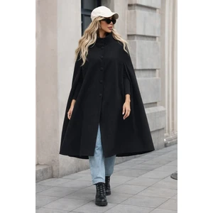 Kadın Düğmeli Premium Comfort Siyah Kaşe Panço