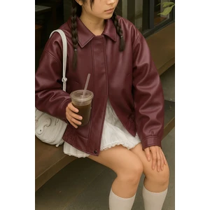 Vintage Kadın Oversize Bordo Deri Ceket