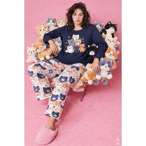 Kadın Gri Pamuklu Kedili Örme Pijama Takımı