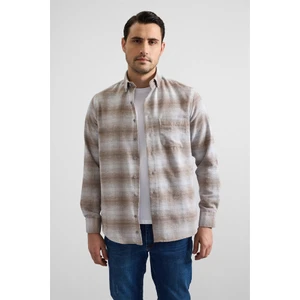 Bej Regular Düğmeli Yaka Kareli Casual Gömlek