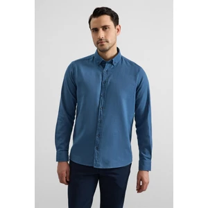 Mavi Slim Düğmeli Yaka Düz Casual Gömlek