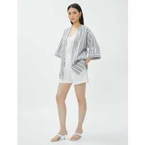 Oversize Keten Kimono Cepli Kısa Kollu