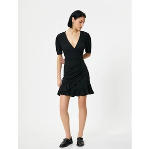 Mini Elbise V Yaka Anvelop Fırfırlı Balon Kol