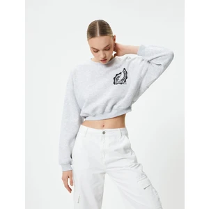 Crop Sweatshirt Bisiklet Yaka Baskılı