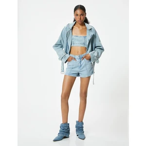 Mini Kot Şort Nervürlü Düğmeli Relax Fit Normal Bel