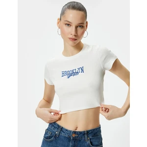 Işlemeli Crop Tişört Kısa Kollu Bisiklet Yaka