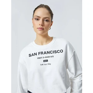 Crop Sweatshirt Baskılı Bisiklet Yaka Pamuklu