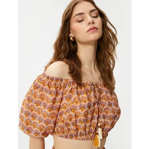 Crop Bluz Etnik Baskılı Lastik Detaylı