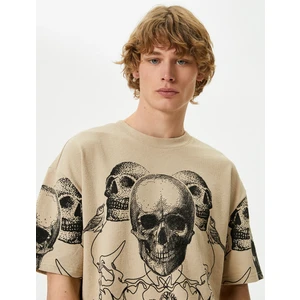 Oversize Tişört Kuru Kafa Baskılı Bisiklet Yaka