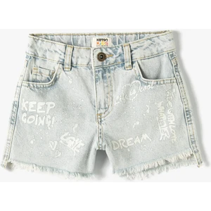 Kot Şort Slogan Baskılı Cepli Pamuklu