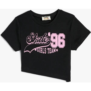 Crop Tişört Asimetrik Bel Baskılı Pamuklu