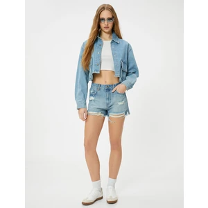 Kot Şort Yüksek Bel Yıpratılmış Detaylı