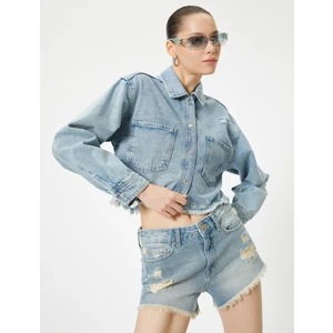 Mini Kot Şort Yıpratılmış Rahat Kalıp Cepli