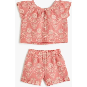 Çiçek Işlemeli Şort Tişört Takım Pamuklu