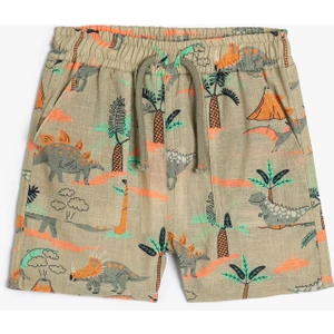 Şort Dinozor Baskılı Beli Lastikli Cepli