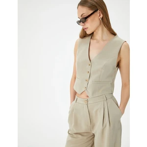 Crop Yelek V Yaka Düğmeli Fleto Cepli