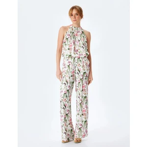 Çiçek Desenli Kolsuz Halter Yaka Viskon Bluz