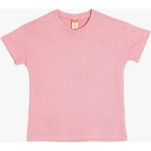 Çiçek Işlemeli Kısa Kollu Pamuklu Basic Tişört