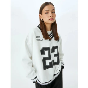 V Yaka Biyeli Kolej Baskılı Şardonlu Oversize Sweatshirt