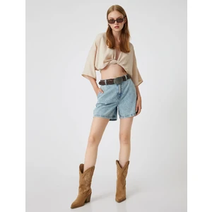 Mini Kot Şort Normal Bel Düğmeli Rahat Kalıp Cepli