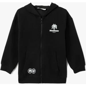 Palmiye Baskı Detaylı Kapşonlu Fermuarlı Sweatshirt