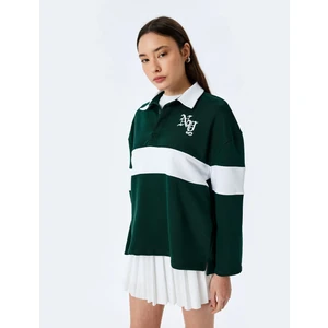 Polo Yaka Nakışlı Düğmeli Renk Bloklu Oversize Sweatshirt
