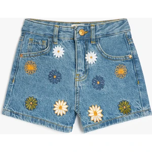 Çiçek Nakış Detaylı Cepli Pamuklu Denim Şort