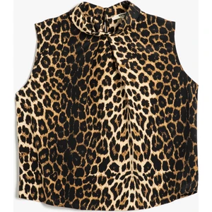 Dik Yaka Kolsuz Leopar Desenli Bluz