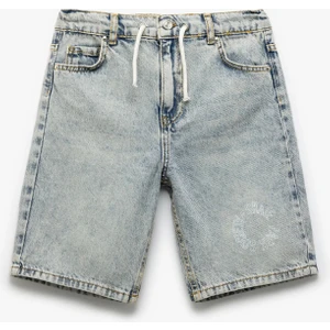 Denim Şort Beli Bağlamalı Düğmeli Cepli Pamuklu