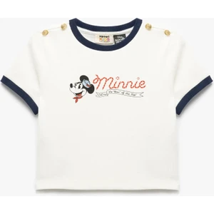 Minnie Mouse Lisanslı Biyeli Bisiklet Yaka Baskılı Tişört