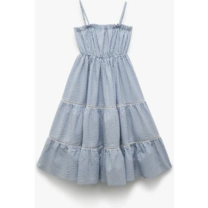 Kat Detaylı Askılı Çizgili Midi Elbise