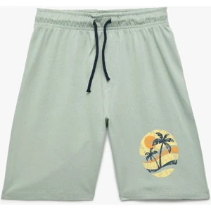 Palmiye Baskılı Beli Bağlamalı Pamuklu Bermuda Şort