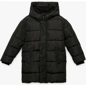 Uzun Kollu Cepli Kapşonlu Şişme Mont