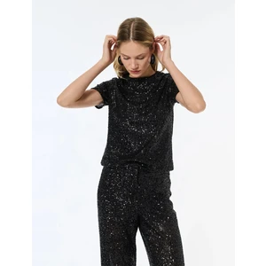 Kısa Kollu Bisiklet Yaka Pullu Payetli Abiye Bluz