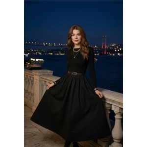 Kemerli Bisiklet Yaka Uzun Elbise