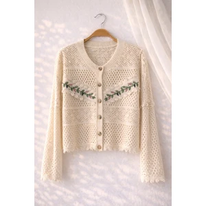 Nakış Işlemeli Romantik Hırka Kadın Buğday