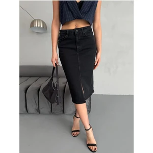 Zeo Basic Yırtmaçlı Midi Boy Likralı  Jean Etek