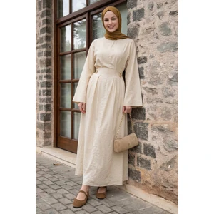 Gold Broşlu Kuşaklı Bej Modal Elbise