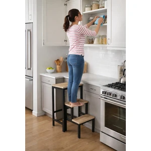 Siyah Katlanabillir Ahşap Basamaklı Çok Amaçlı Merdiven